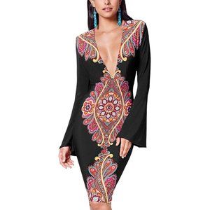 Venus Plunging V Neck Paisley Bodycon Dress XL Black Multicolor Flare Sleeve EUC